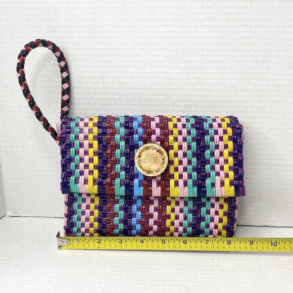 Maria Victoria Wristlet Clutch PVC Plastic Straw Multicolor Handcrafted Mexico - Picture 3 of 11